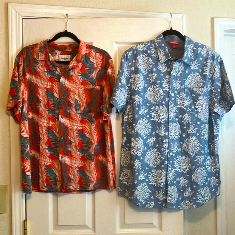 2 Aloha shirts Bundle Goodfellow Men’s Palm Leaf Slim orange & Union Bay blue L